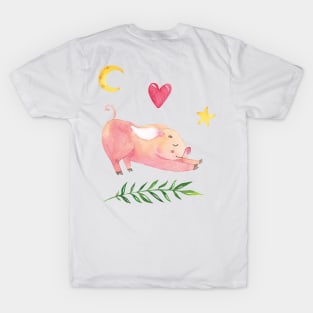 Yoga Piglet with Half Moon Heart and Star T-Shirt